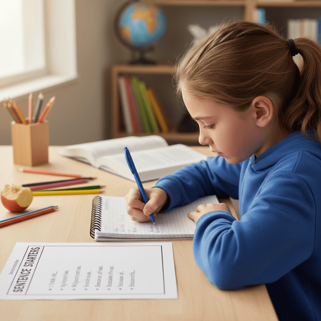 Student writing in a notebook with a sentence starter worksheet at a desk