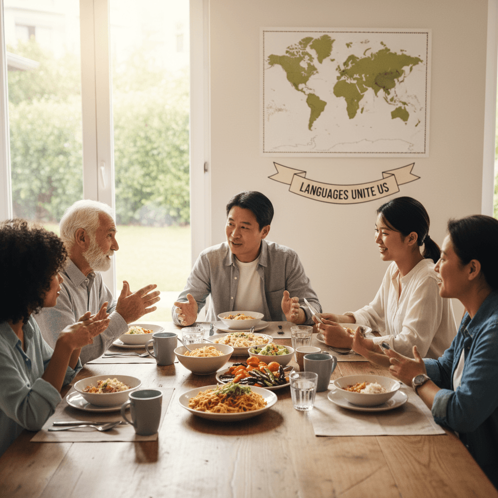 Diverse family talking around a dining table
