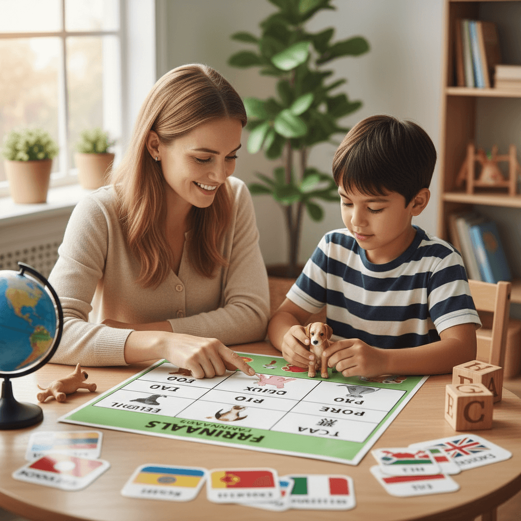 Teacher at a table with visual aids and a student