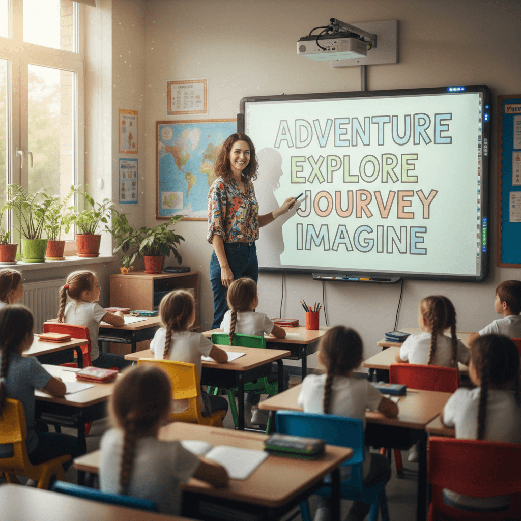 Teacher pointing to vocabulary words on a whiteboard in a bright classroom