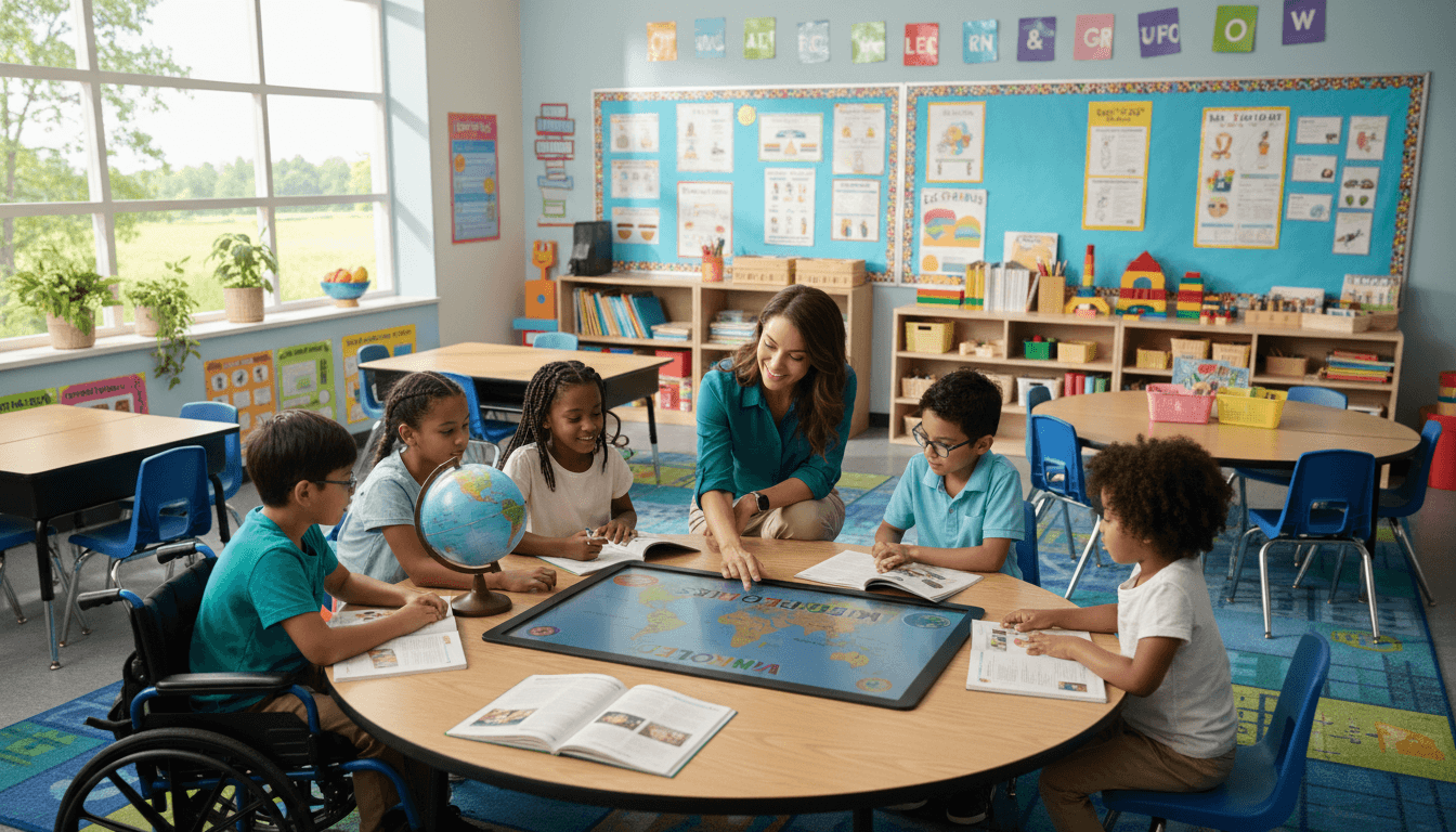 Teacher guiding diverse students through a reading activity in a bright classroom