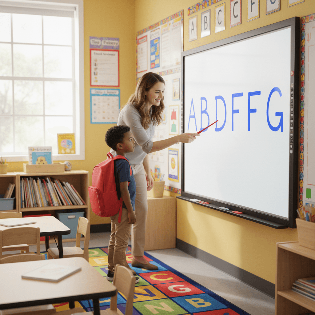 Teacher pointing to letters on a whiteboard with a student