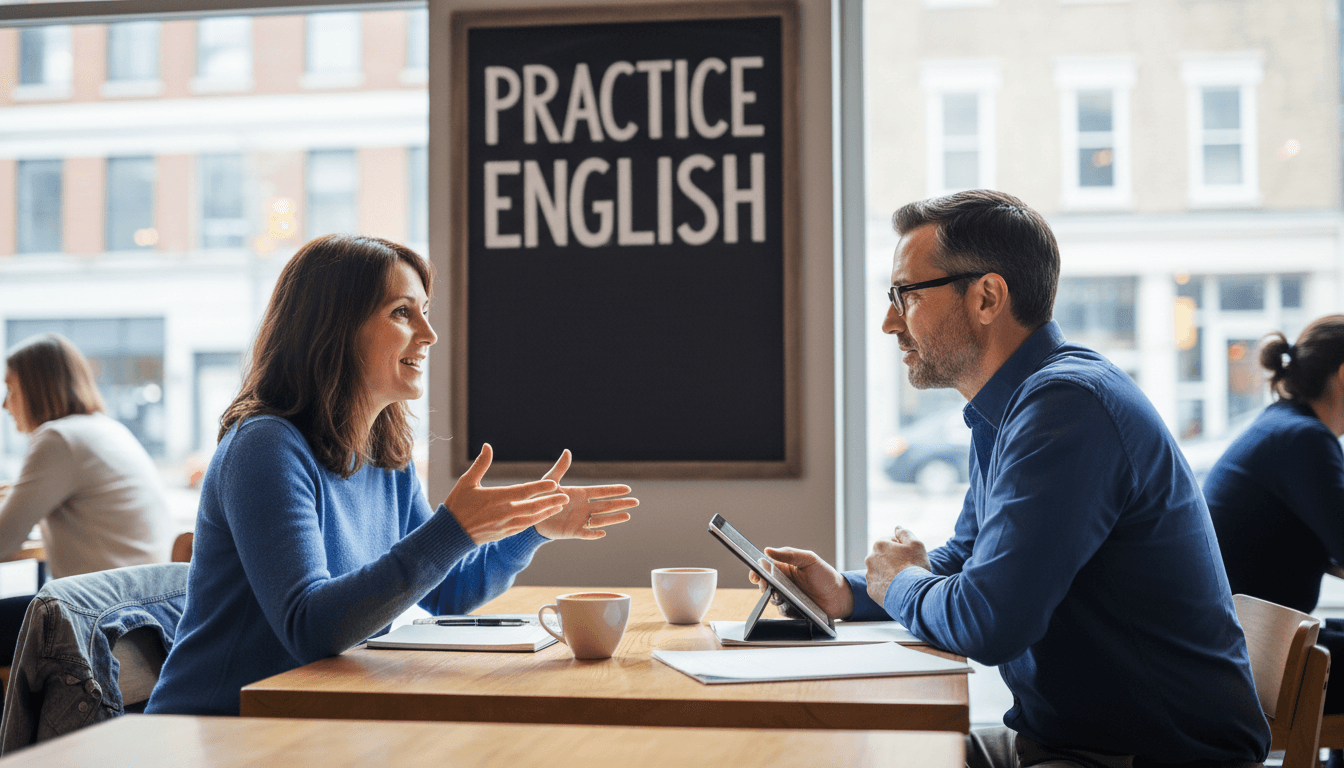 Adult learner practicing English conversation with a tutor