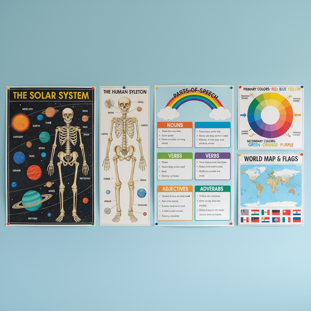 Colorful educational posters and diagrams on a classroom wall