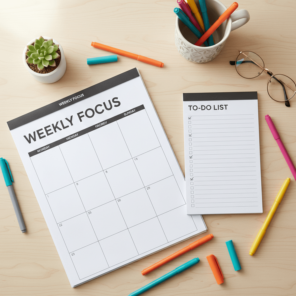 Weekly planner with checklists and colorful pens on a desk