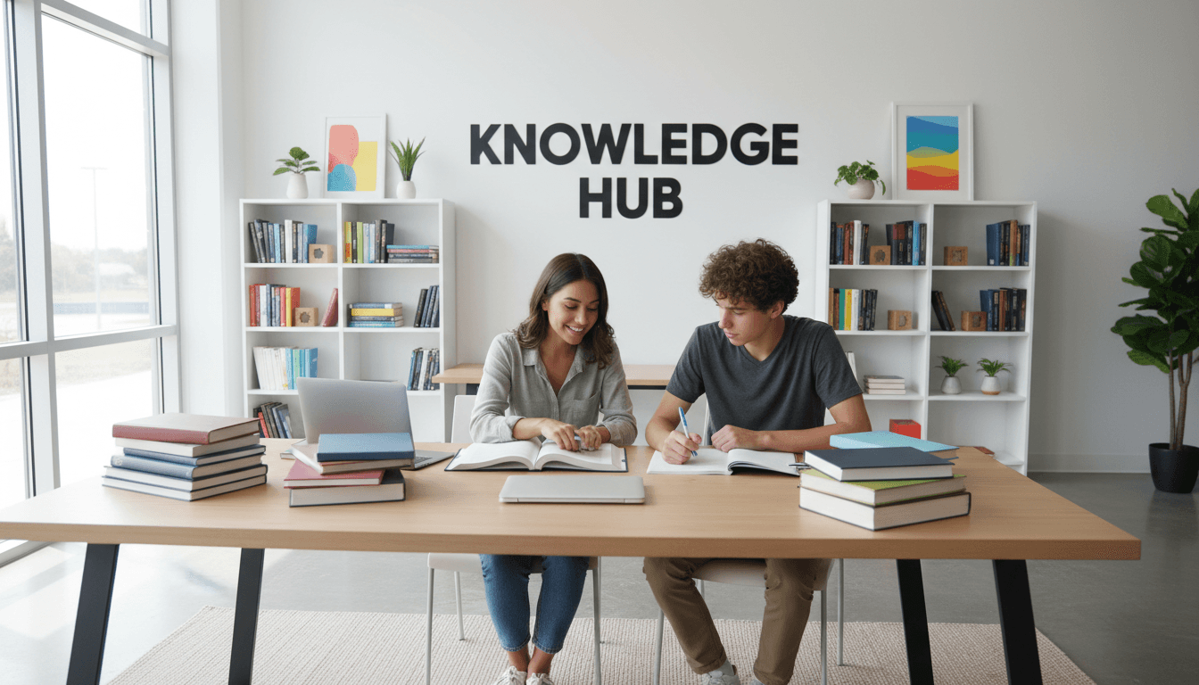 Tutor working one-on-one with a student at a table with books in a bright modern learning space
