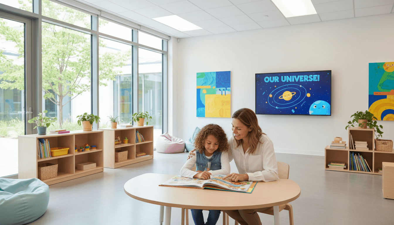 Student reading with teacher in bright classroom
