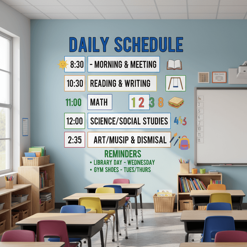 Bright classroom with a clear visual daily schedule on the wall