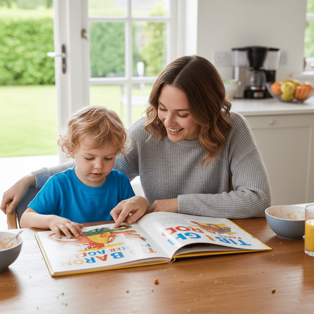 Mother helping her child read at the kitchen table
