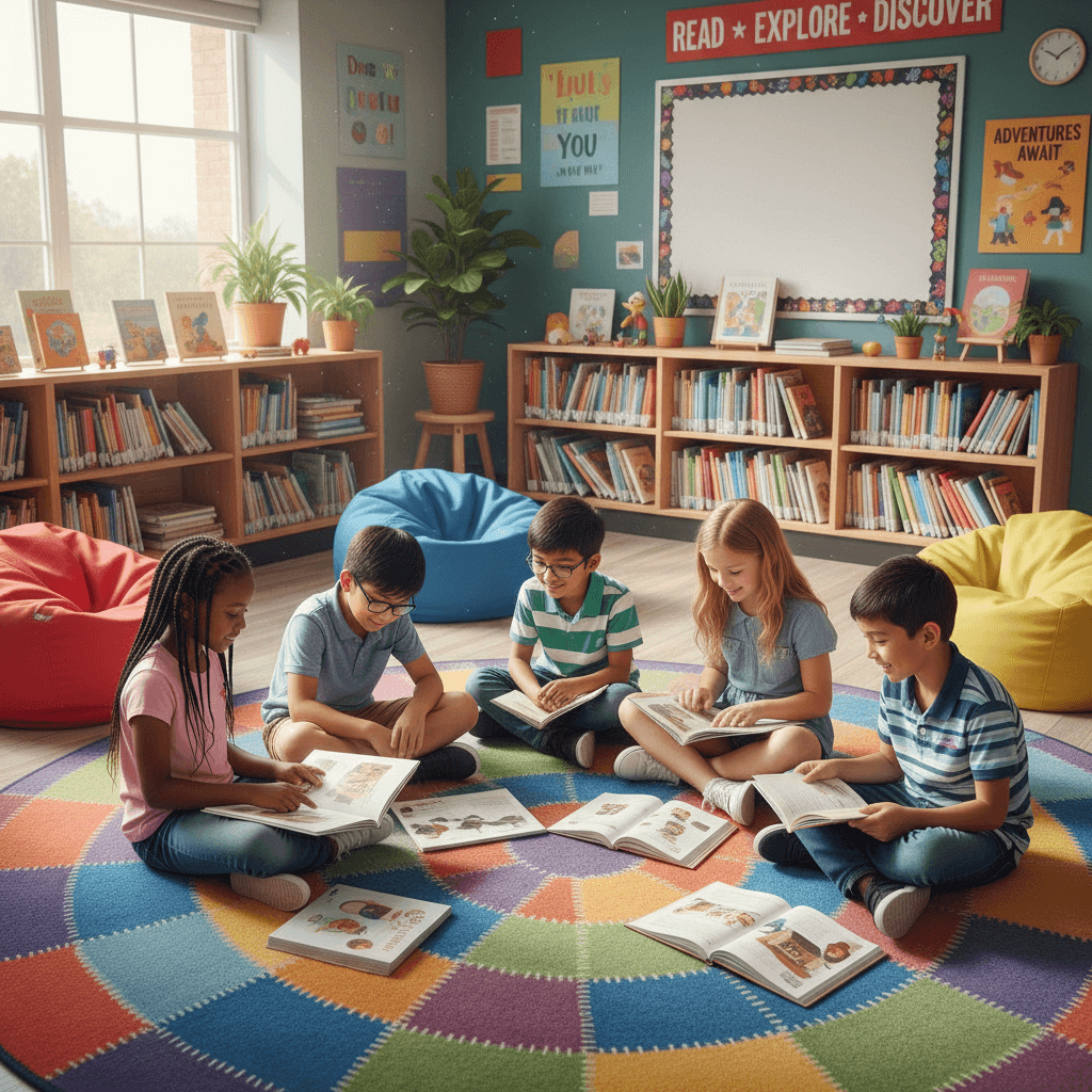 Diverse group of students reading together in a colorful classroom library