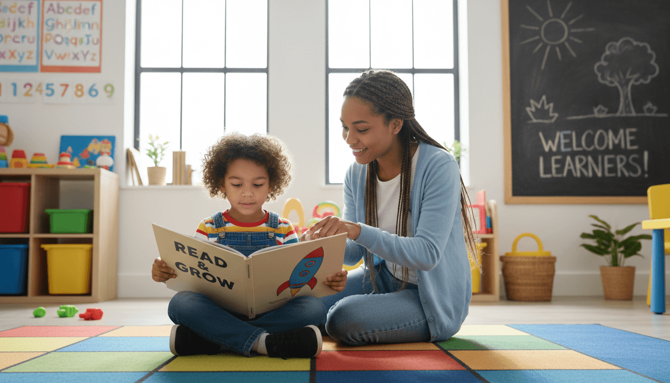 Child and teacher reading a book together in a bright, welcoming classroom