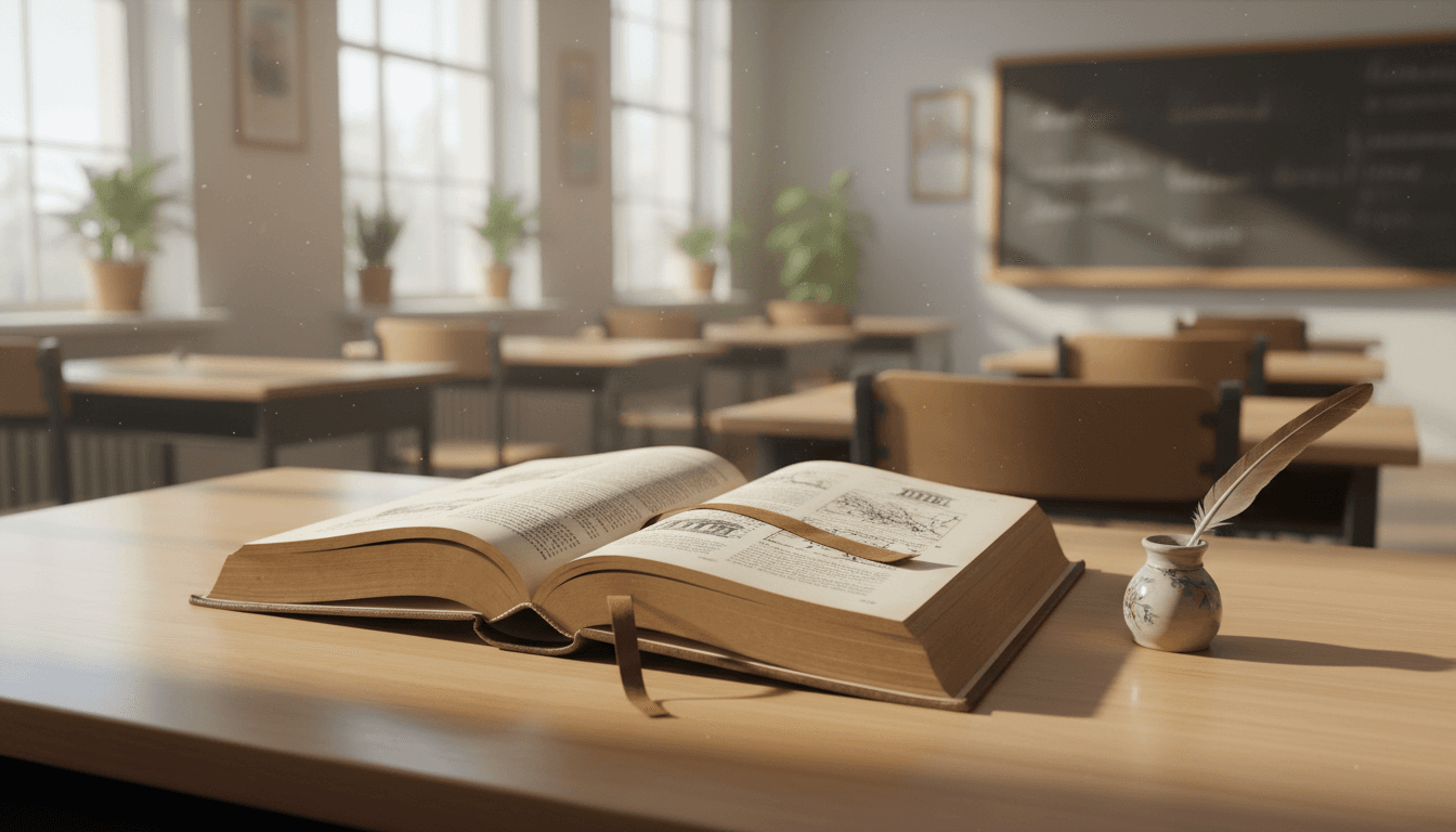 Open book on a wooden desk in a bright classroom