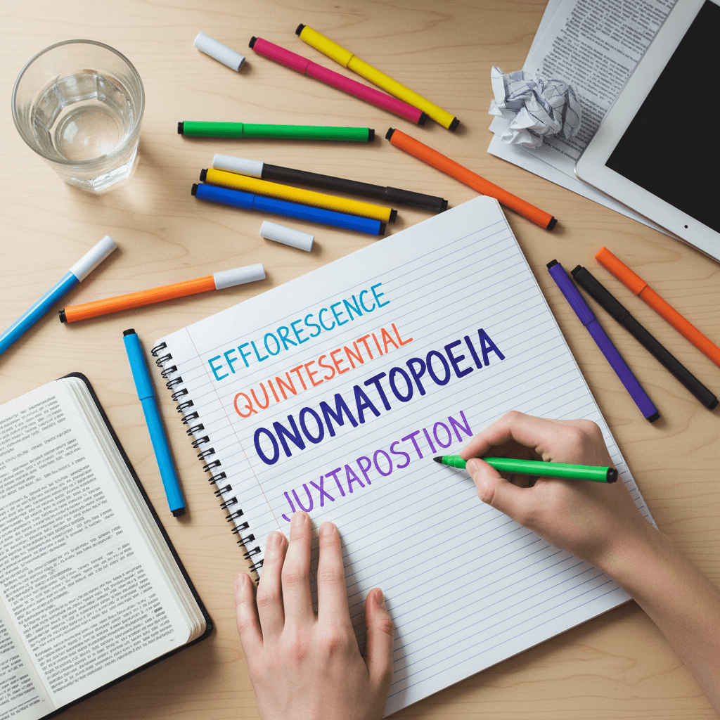Student writing vocabulary words in a notebook