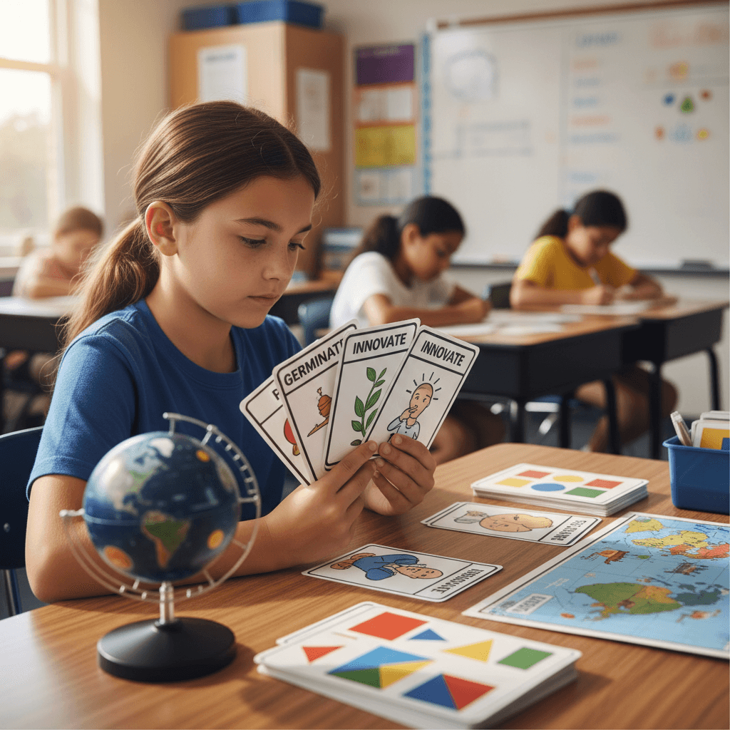 Student using vocabulary cards and visual aids to support reading