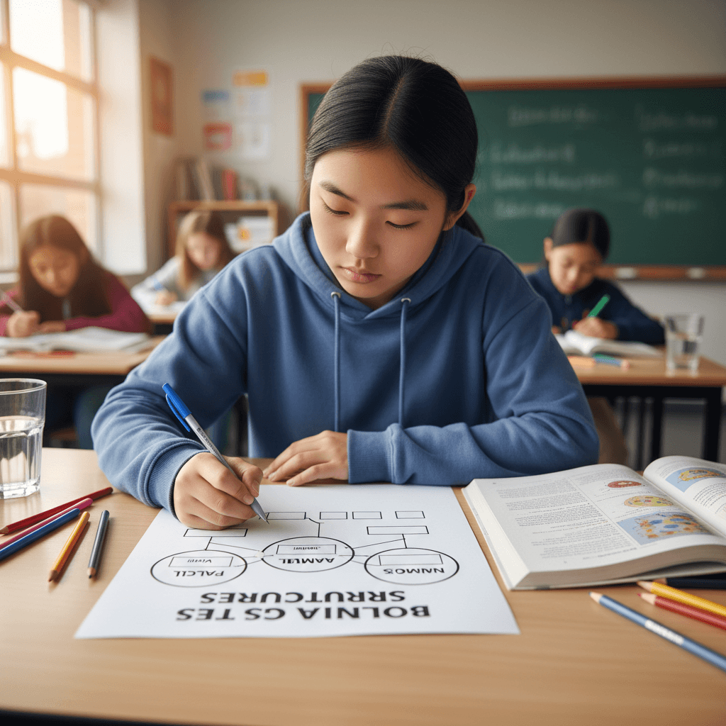 Student filling out a graphic organizer worksheet at a classroom table