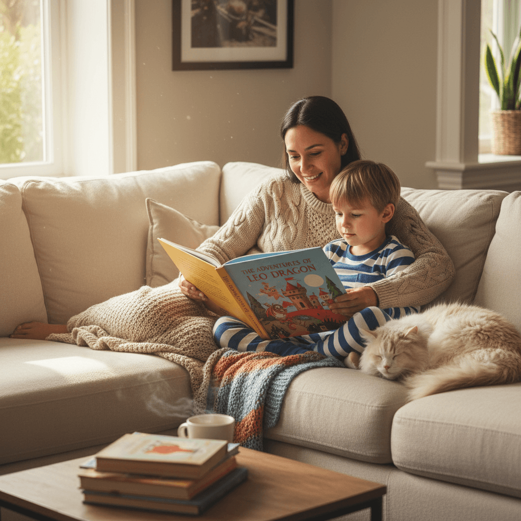 Parent and child reading a book together on a couch at home
