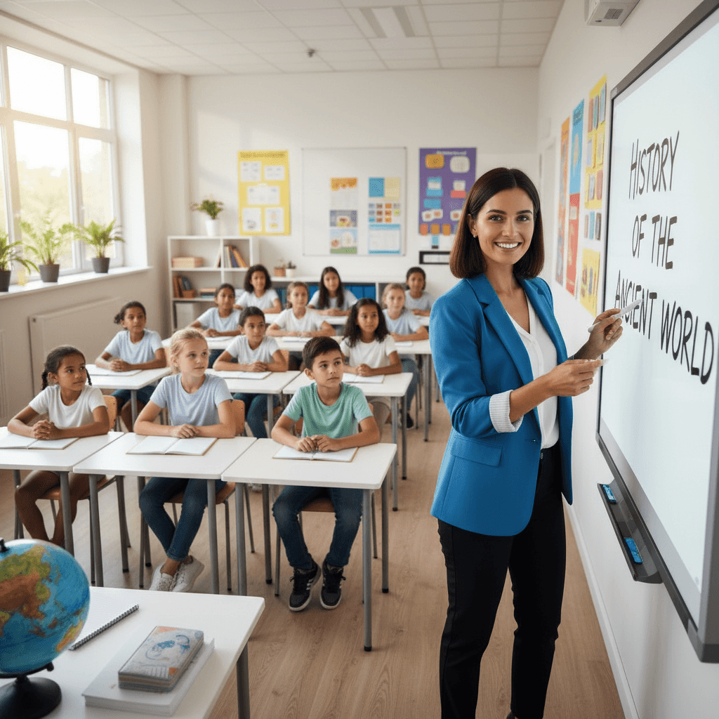 Teacher modeling a writing technique at a whiteboard while students watch