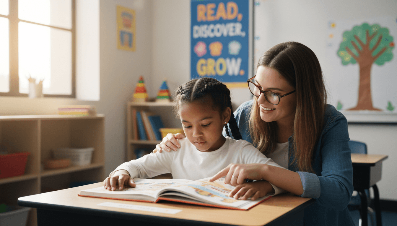 Student reading at a desk with a teacher nearby
