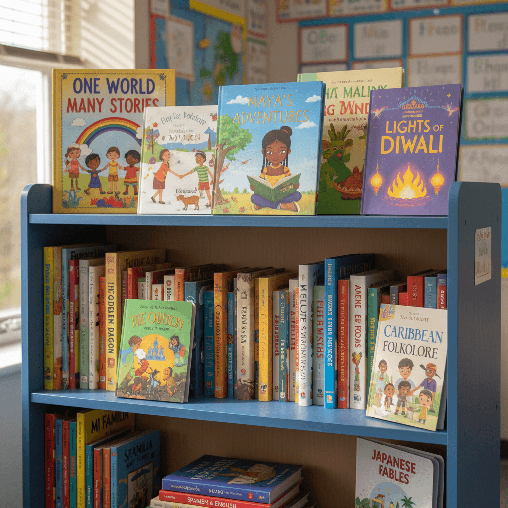 Diverse books on a classroom shelf featuring multicultural literature