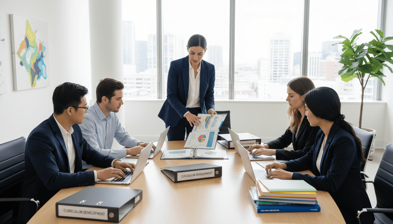 Educators reviewing curriculum materials together in a bright modern office