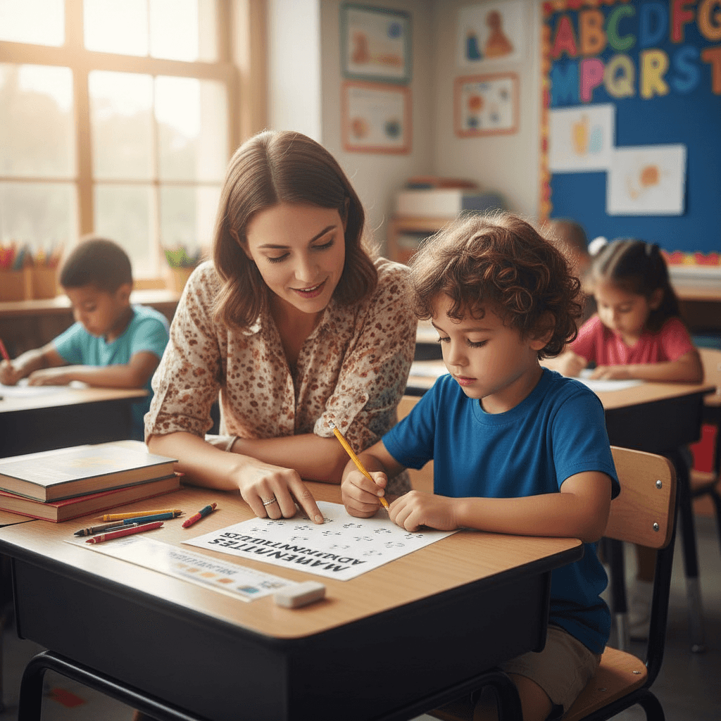 Teacher guiding a student through a reading worksheet at a desk