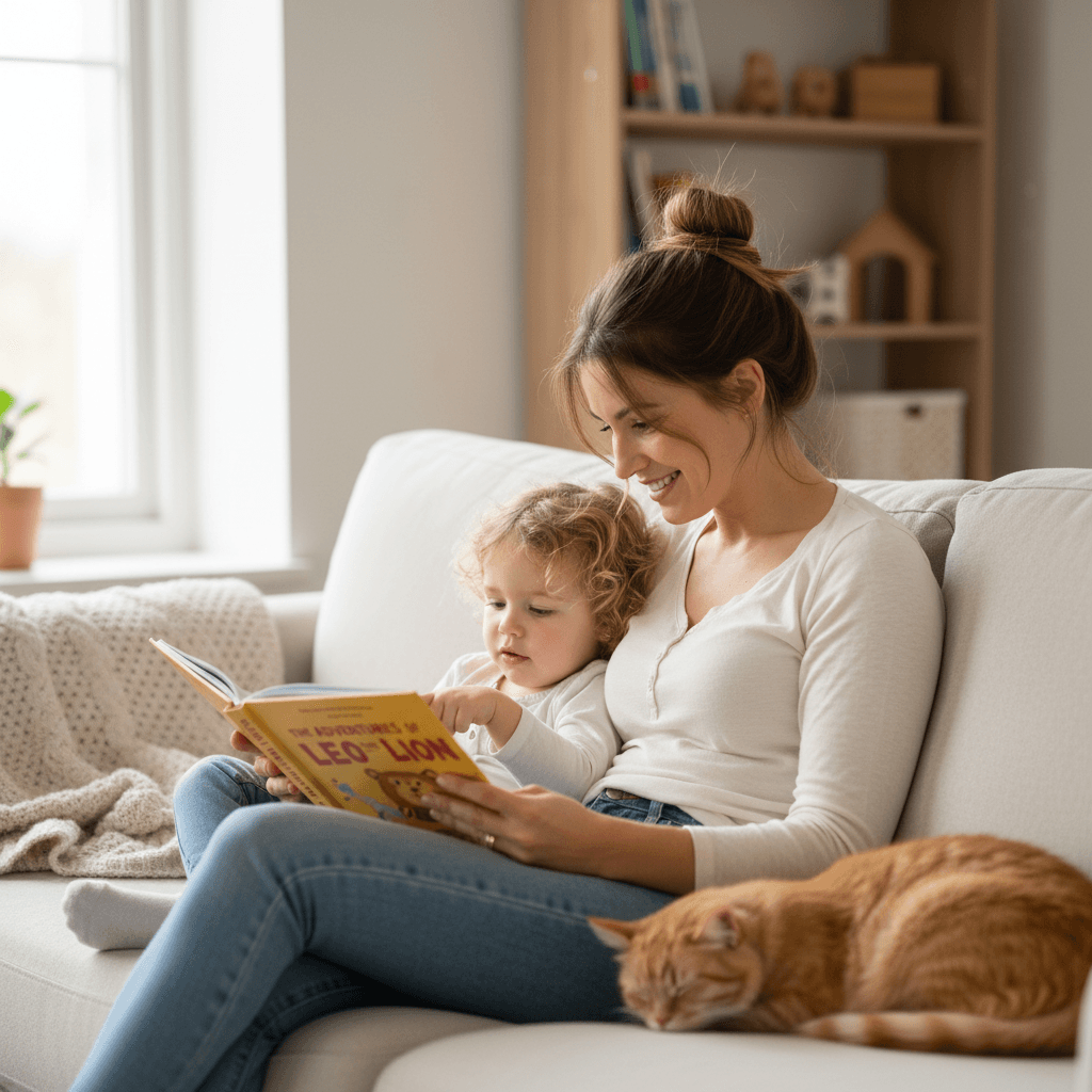 Parent and child reading a picture book together