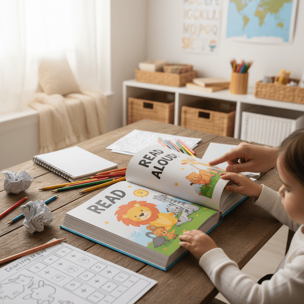 Child turning pages of colorful picture book with adult's supportive hand visible, warm natural light, organized study space