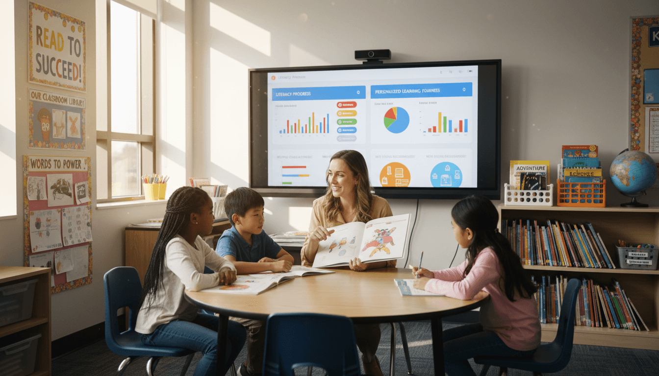 Teacher helping a student with reading in a bright modern classroom