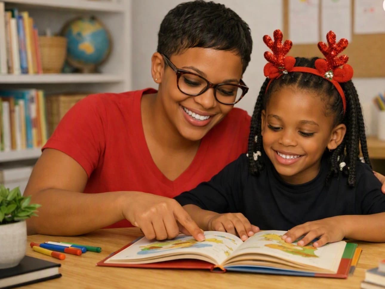 Smiling woman and young girl wearing reindeer antlers read a book together at a desk.